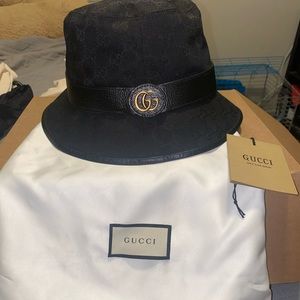 Gucci Black GG Monogram Leather-Trim Bucket Hat with Gold Double G